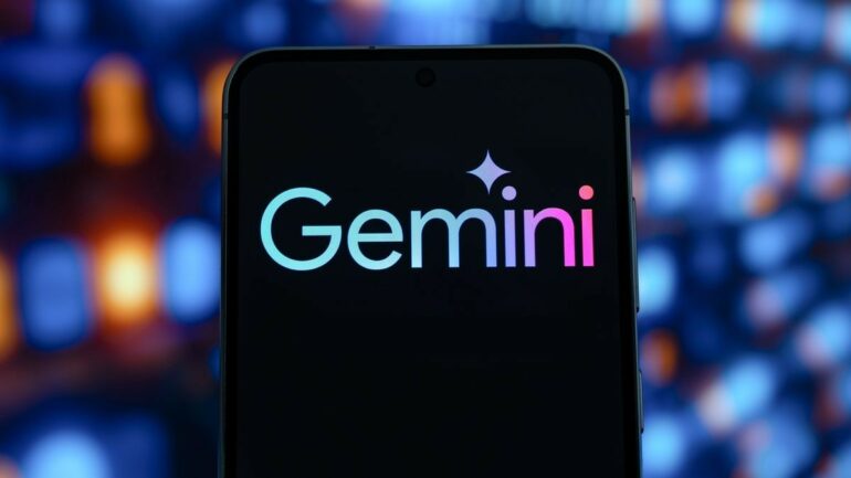 Conceptual image showing the integration of Gemini 3 AI technology and Google Search into a futuristic smartphone interface