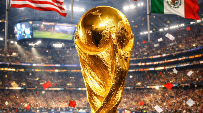 FIFA World Cup 2026 trophy and stadium in USA.