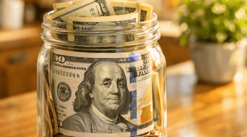 A glass jar full of money on a table representing frugal living hacks to save $500.