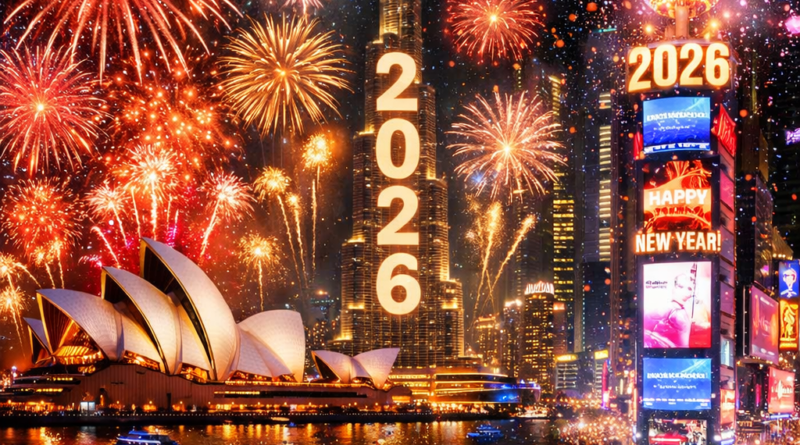 New Year 2026 celebrations global fireworks collage.