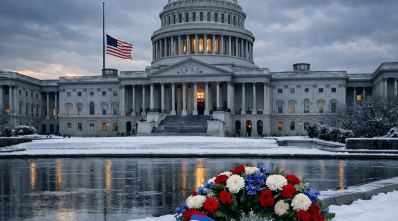 US Capitol building January 6 anniversary events flag at half staff.