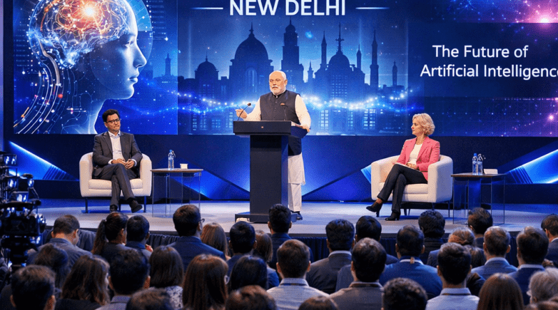 India AI Impact Summit 2026 conference stage in New Delhi with AI leaders and global tech audience