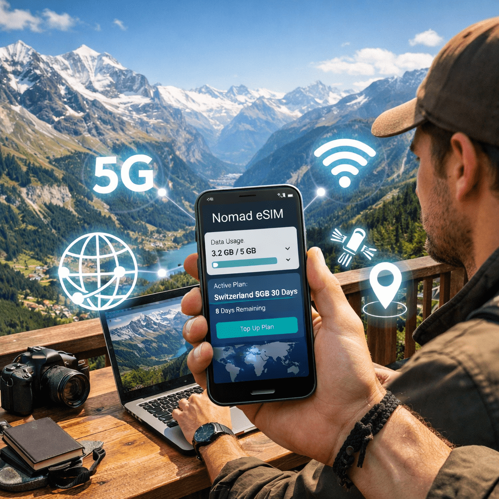 Digital nomad using Nomad app for the Best eSIM for Europe in the Swiss Alps
