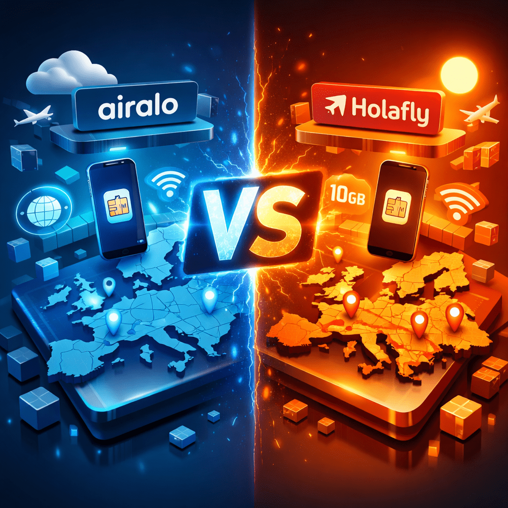 Comparison chart of Airalo vs Holafly to find the Best eSIM for Europe 2026
