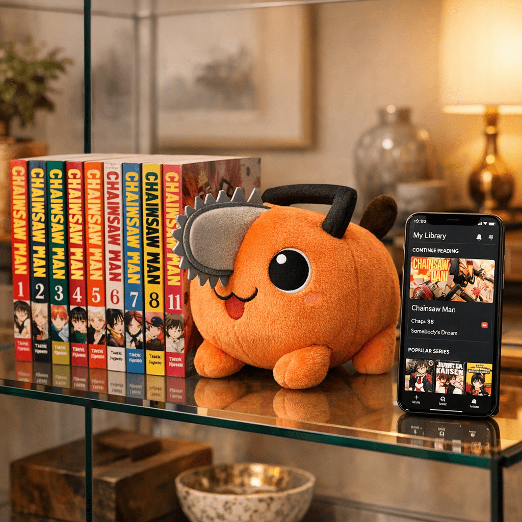 Chainsaw Man manga box set and Pochita plushie on a bookshelf for fans
