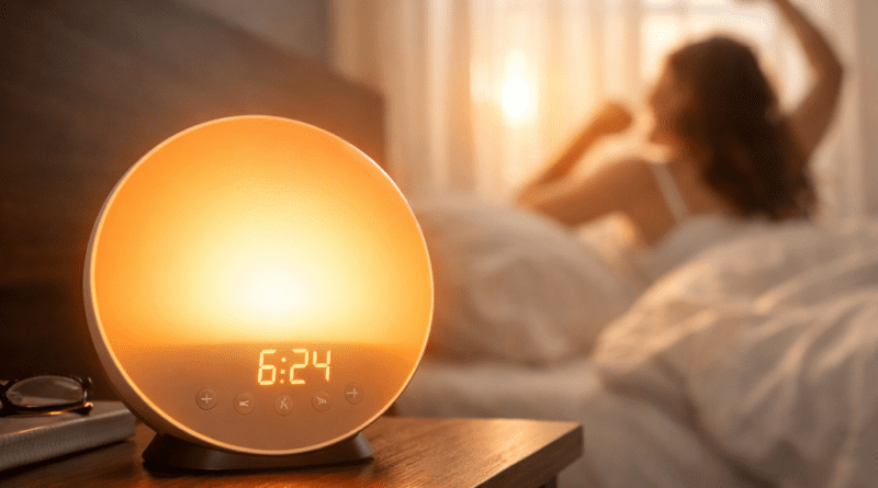 Sunrise Alarm Clock vs Phone Alarm comparison showing a peaceful natural wake up light in 2026