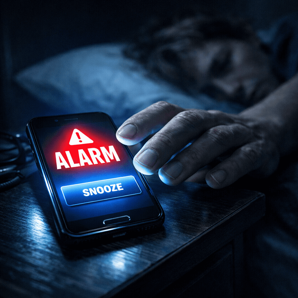 Harsh blue light from a smartphone alarm causing morning stress and eye strain
