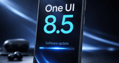 Samsung One UI 8.5 supported devices list showing Galaxy S25 software update screen