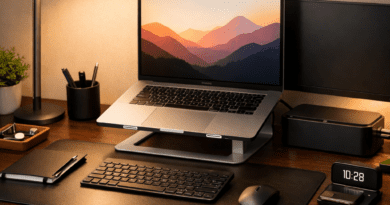 Best home office desk accessories 2026 showing organized workspace with LED lamp laptop stand and webcam