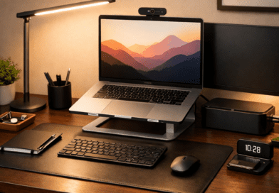 Best home office desk accessories 2026 showing organized workspace with LED lamp laptop stand and webcam