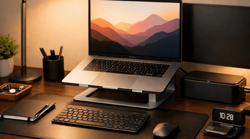 Best home office desk accessories 2026 showing organized workspace with LED lamp laptop stand and webcam