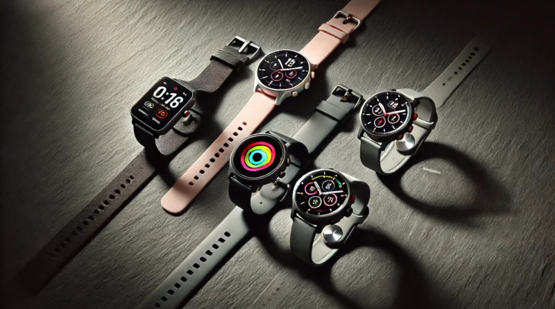 Five best budget smartwatch 2026 under $250 comparison — Amazfit Active 2, Apple Watch SE, Fitbit Versa 4, Samsung Galaxy Watch FE, and Garmin Vivoactive 5 arranged side by side